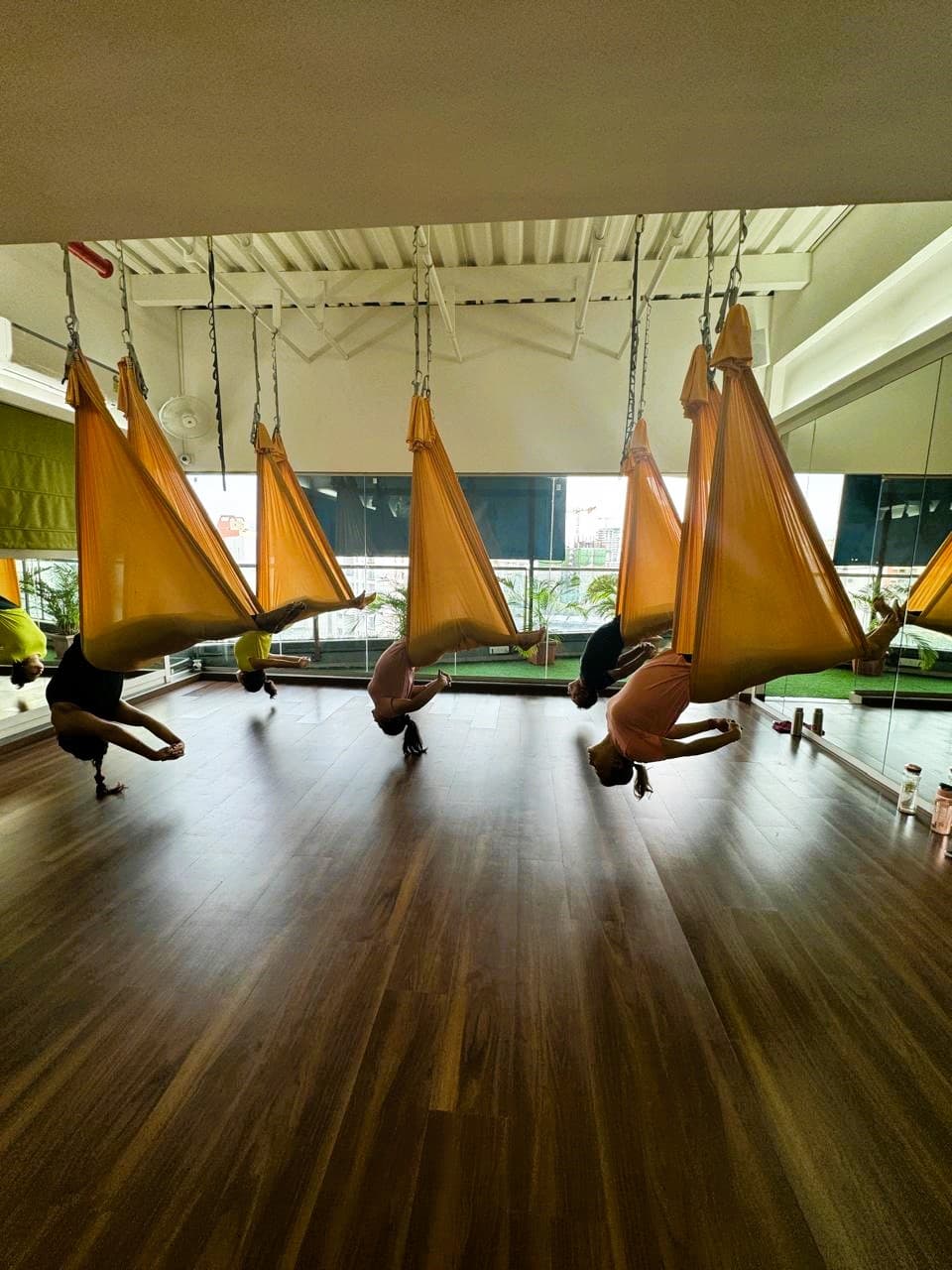 Aerial yoga class inverted in the studio hammocks